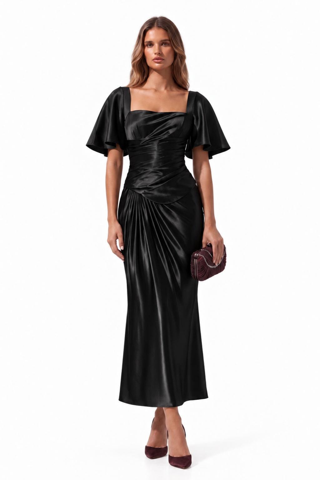 Sheath-Column Tea Length Stretch Satin Special Occasion Dress CS1089 - Black - COCOMELODY